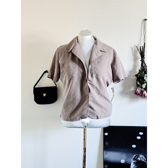 ANNA Tops - Anna Vintage 1970s 70s Rayon Tan Short Sleeve Fitted Button Up Shirt Blouse L